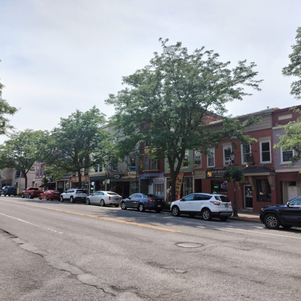 Colorful storefronts along Main Street in downtown Brockport